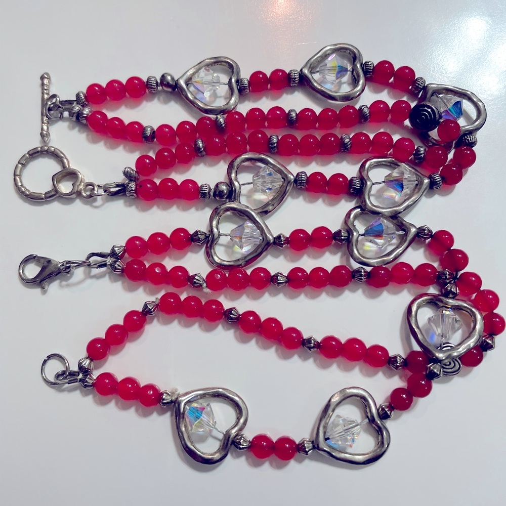 2 Double Strand Bracelets Silver With Red Beads